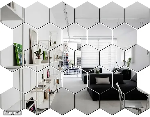 Designer Big Hexagon 28 Silver Acrylic Mirror Wall Stickers