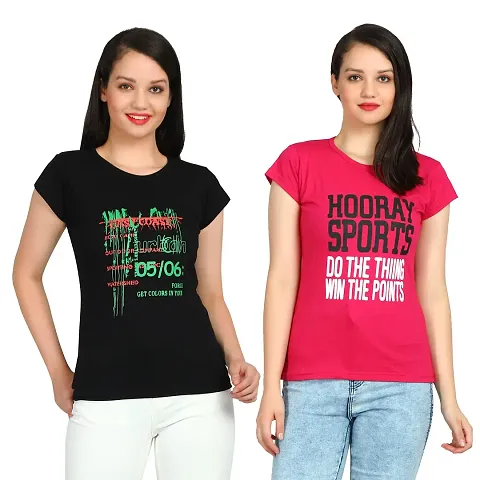 DIAZ Women's Cotton Printed Round Neck T-Shirt Combo Pack of 2 Sizes:-S,M,L,XL