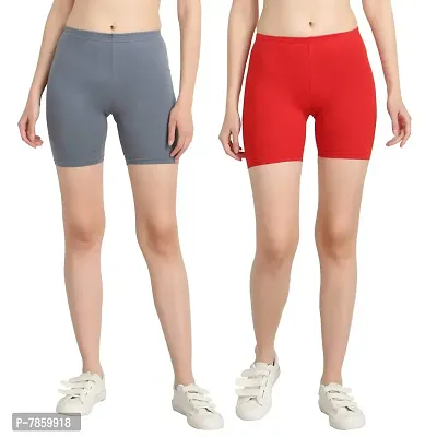 Diaz Women's Cotton Cycling Shorts (Grey,Red,Free)