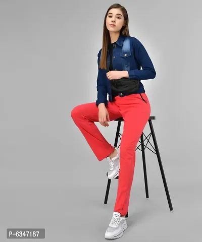 Stylish Cotton Blend Red Solid Track Pant For Women-thumb5