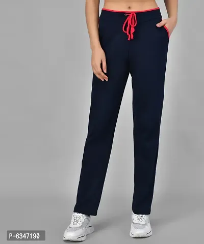 Stylish Cotton Blend Navy Blue Solid Track Pant For Women-thumb0