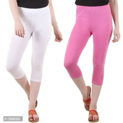 Diaz Women's Regular Fit Plain 3/4th Capri Pants (White, Baby Pink,XXL)