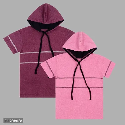 Stylish Multicoloured Cotton Solid Hooded Tees For Boys Pack Of 2-thumb0