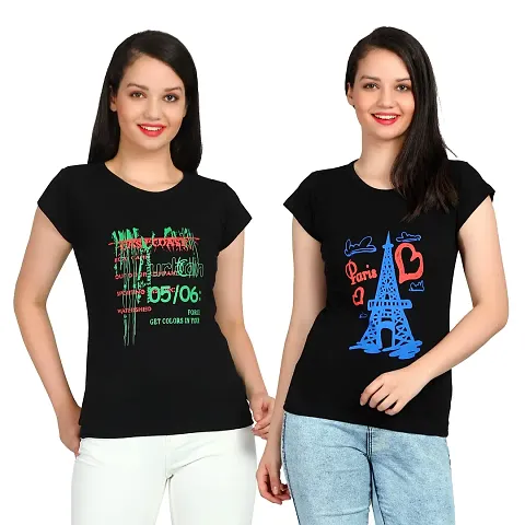 DIAZ Women's Cotton Printed Round Neck T-Shirt Combo Pack of 2 Sizes:-S,M,L,XL