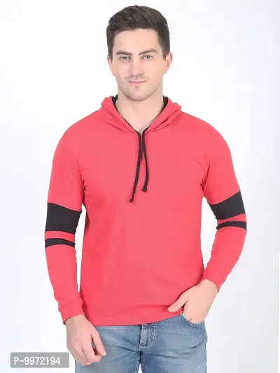 Elegant Red Cotton Self Pattern Long Sleeves Hoodies For Men