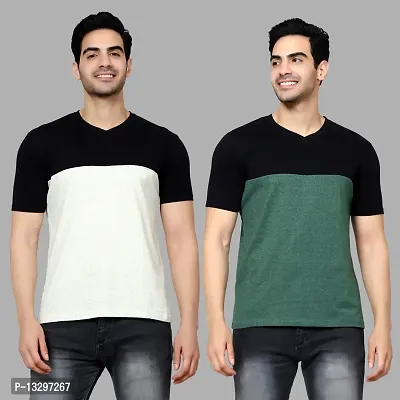 Reliable Multicoloured Cotton Blend Colourblocked V Neck Tees For Men Pack Of 2-thumb0