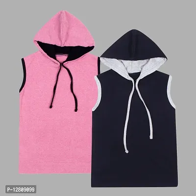 Stylish Multicoloured Cotton Solid Hooded Sleeveless Tees For Boys Pack Of 2-thumb0