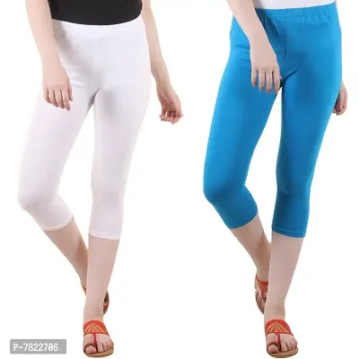 DIAZ Women's Regular Fit Plain 3/4th Capri Pants (White, Turquoise,XXL)