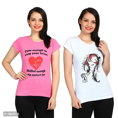 DIAZ Women's Cotton Printed Round Neck T-Shirt Combo Pack of 2 Sizes:-S,M,L,XL