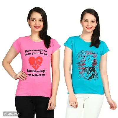 DIAZ Women's Cotton Printed Round Neck T-Shirt Combo Pack of 2 Sizes:-S,M,L,XL