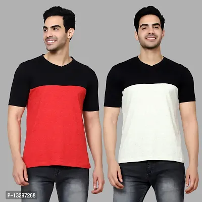 Reliable Multicoloured Cotton Blend Colourblocked V Neck Tees For Men Pack Of 2-thumb0
