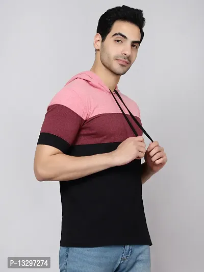 Reliable Pink Cotton Blend Colourblocked Hooded Tees For Men Pack Of 1-thumb3