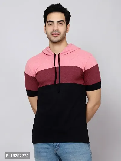 Reliable Pink Cotton Blend Colourblocked Hooded Tees For Men Pack Of 1