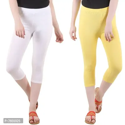 Diaz Women's Regular Fit Plain 3/4th Capri Pants (White, Lemon,XXL)