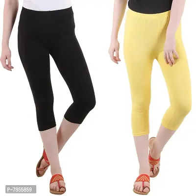 DIAZ Women's Regular Fit Plain 3/4th Capri Pants (Black, Lemon,XXL)