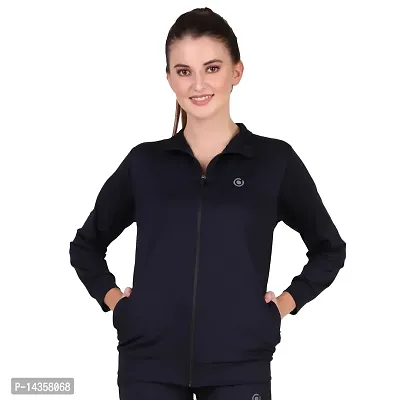 Elite Navy Blue Polyester Long Track Jacket For Women