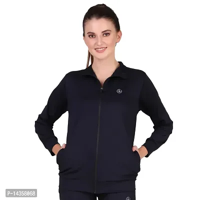 Elite Navy Blue Polyester Long Track Jacket For Women-thumb0