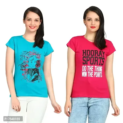 DIAZ Women's Cotton Printed Round Neck T-Shirt Combo Pack of 2 Sizes:-S,M,L,XL