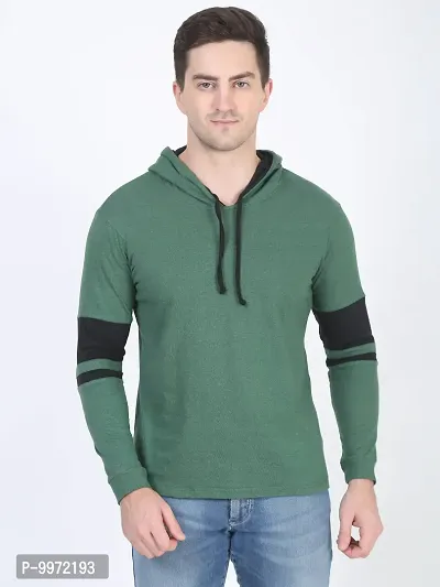 Elegant Green Cotton Self Pattern Long Sleeves Hoodies For Men