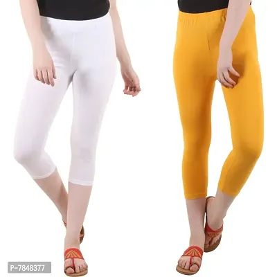 Diaz Women's Regular Fit Plain 3/4th Capri Pants (White, Mustard,XXL)