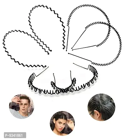 Unisex Men Women Black Flexible Metal Wavy and Spring Band Hair Hoop Hairband and Clips Claw For Daily Use (Pack of 6)