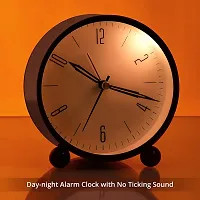 Alarm Clock - 4 Inch Round Silent Analog Desk/Table Clock Non-Ticking with Night LED Light- Battery Powered Simple Design for Home Office Students Kids Bedroom, Clock for Study Room-Black-thumb1