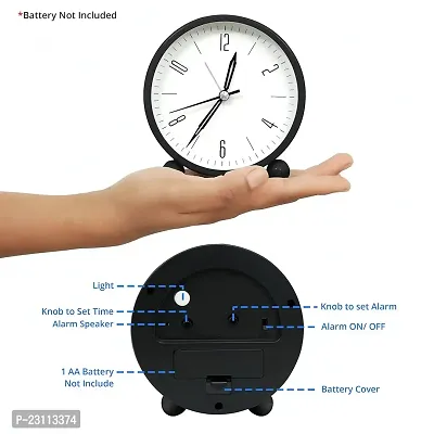 Alarm Clock - 4 Inch Round Silent Analog Desk/Table Clock Non-Ticking with Night LED Light- Battery Powered Simple Design for Home Office Students Kids Bedroom, Clock for Study Room-Black-thumb3
