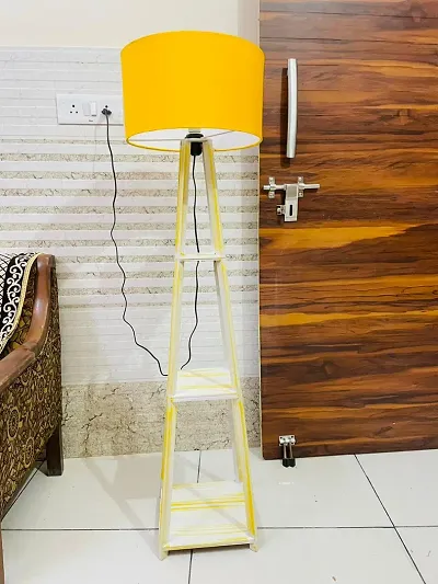 Wooden Floor Lamp With  Yellow Shade