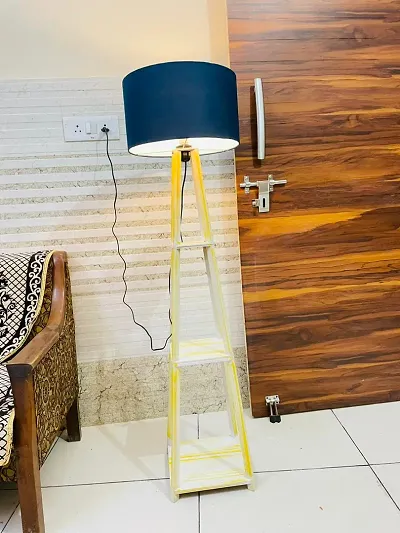 Wooden Floor Lamp With Blue Shade