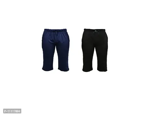 Comfortable Cotton Navy Blue And Black Solid Regular Fit 3/4th Shorts For Men -Pack Of 2-thumb3