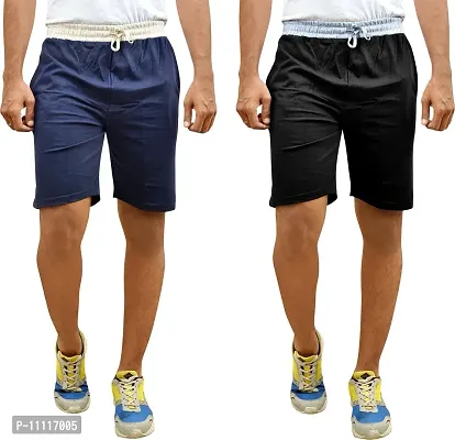 Comfortable Cotton Navy Blue And Black Solid Regular Fit Shorts For Men -Pack Of 2-thumb0