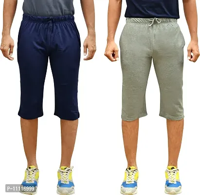 Comfortable Cotton Navy Blue And Grey Solid Regular Fit 3/4th Shorts For Men -Pack Of 2