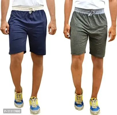 Comfortable Cotton Navy Blue And Grey Solid Regular Fit Shorts For Men -Pack Of 2-thumb0