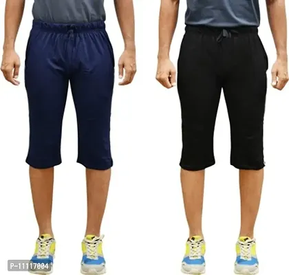 Comfortable Cotton Navy Blue And Black Solid Regular Fit 3/4th Shorts For Men -Pack Of 2