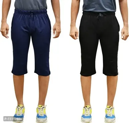 Comfortable Cotton Navy Blue And Black Solid Regular Fit 3/4th Shorts For Men -Pack Of 2-thumb0