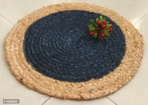 CANVASS? Braided Cotton Jute Placemats, 37 cm Round, for Center Table /Bed-Side Table, Dining Table/Shelves, Blue/Natural Color (Pack -1)