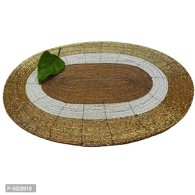 CANVASS? Decorative Handmade Beaded Golden White Oval Placemat (30x40 cms, Perfect for Dining Table, SePack of - 1