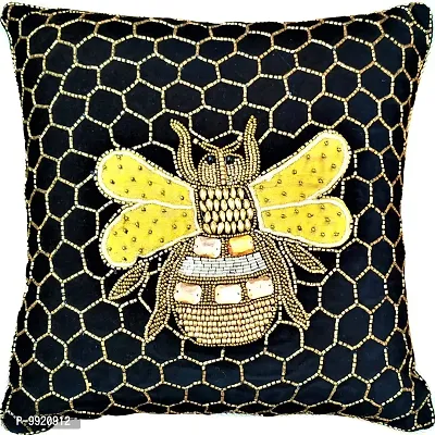 CANVASS? Decorative Designer Heavy Handmade Beaded Velvet Throw/Pillow Cushion Covers - (Black Color, 14 inch x 14 inch)