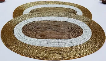 CANVASS? Decorative Handmade Beaded Golden White Oval Placemat (30x40 cms, Perfect for Dining Table, SePack of - 1-thumb3