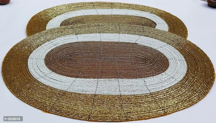 CANVASS? Decorative Handmade Beaded Golden White Oval Placemat (30x40 cms, Perfect for Dining Table, SePack of - 1-thumb4