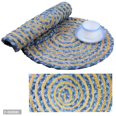 CANVASS? Braided Cotton Jute Placemats, 37 cm Round, for Center Table /Bed-Side Table, Dining Table/Shelves, Brown/Natural/Blue Color (Pack -2)