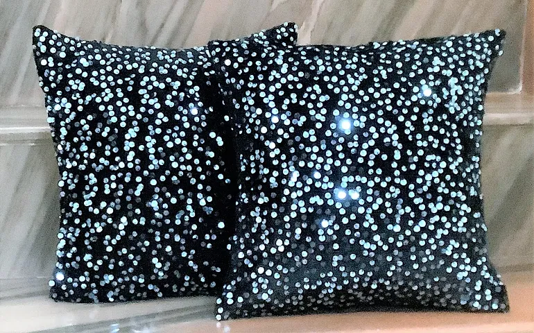 CANVASS? Decorative Designer Heavy Sequence Beaded Satin Throw Pillow Cushion Covers - Gold/Black Color; 12 inch x 12 inch 2 Pieces
