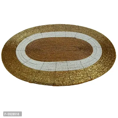 CANVASS? Decorative Handmade Beaded Golden White Oval Placemat (30x40 cms, Perfect for Dining Table, SePack of - 1-thumb3