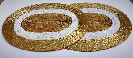 CANVASS? Decorative Handmade Beaded Golden White Oval Placemat (30x40 cms, Perfect for Dining Table, SePack of - 1-thumb4