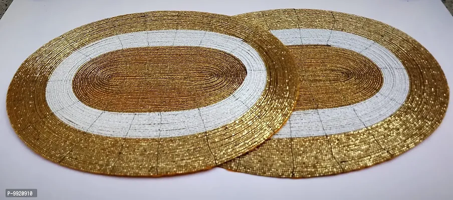 CANVASS? Decorative Handmade Beaded Golden White Oval Placemat (30x40 cms, Perfect for Dining Table, SePack of - 1-thumb5