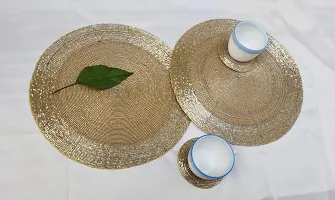 CANVASS? Light Gold Handicraft Beaded Table Placemat of Size 12"" Round Set of One Placemat (30 cm Round) & Two Coaster (10 cm Round)-thumb3