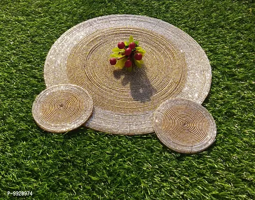 CANVASS? Light Gold Handicraft Beaded Table Placemat of Size 12"" Round Set of One Placemat (30 cm Round) & Two Coaster (10 cm Round)-thumb0