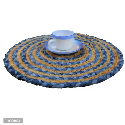 CANVASS? Braided Cotton Jute Placemats, 37 cm Round, for Center Table /Bed-Side Table, Dining Table/Shelves, Brown/Natural/Blue Color (Pack -1)