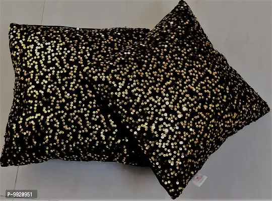 CANVASS? Decorative Designer Heavy Sequence Beaded Satin Throw Pillow Cushion Covers - Gold/Black Color; 12 inch x 12 inch 2 Pieces (Gold/Black)-thumb0