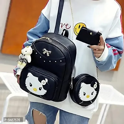 WomenBuzz Girls Black Cute Kitty Backpack 3pices Set 20 L Backpack-thumb0